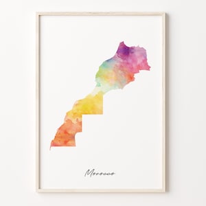 Morocco Watercolor Map Print, Vibrant Moroccan Art Poster, MA Colorful Country Wall Art, Whimsical print, C26-125