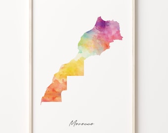 Morocco Watercolor Map Art Print: Vibrant Country Wall Decor