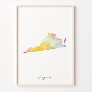 Impression de carte aquarelle de Virginie, affiche d'art de Virginie vibrante, art mural pays coloré VA, carte arc-en-ciel, C26-245