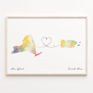 New York to Porto Rico Druck, Aquarell Karte Poster, puertoricanisches Geschenk, Reise Wandkunst, wegziehen, C23-1390