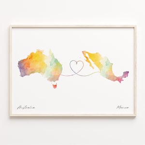 Australien Mexiko Druck, Aquarell Karte Poster, Mahoran Geschenk, Reise Wandkunst, Länder Herzkarte, C23-915