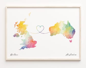 UK to Australia Watercolor Map Print: Country Connection Gift