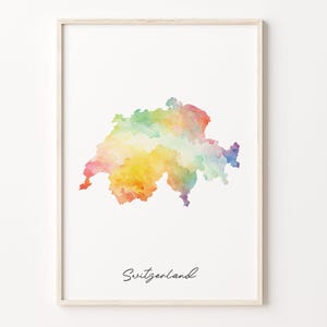 Schweiz Aquarell Karte Druck, Lebendiges Schweizer Kunstplakat, CH Buntes Land, Regenbogen Plakat, C26-175