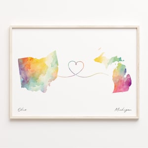Ohio Michigan Watercolor Map Print: Travel Wall Art Gift