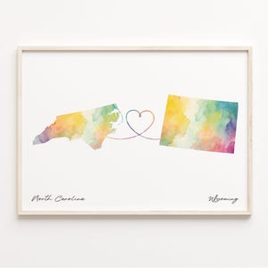 North Carolina to Wyoming Print, Watercolor Map Poster, Wyomingite Gift, Travel Wall Art, Expatriate, C23-1662