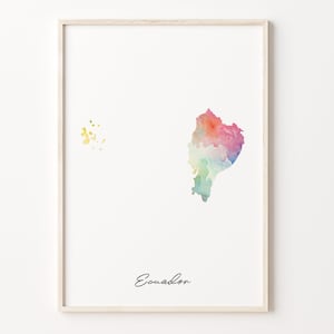 Ecuador Aquarell Karte Druck, lebhaftes ecuadorianisches Kunstplakat, EC Bunte Landwandkunst, wunderliche Karte, C26-52