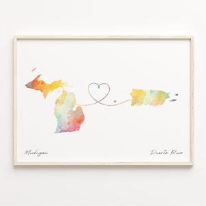 Michigan to Puerto Rico Print, Watercolor Map Poster, Puerto Rican Gift, Travel Wall Art, Relationship Gift, C23-1702