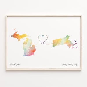Michigan to Massachusetts Print, Watercolor Map Poster, Massachusettsan Gift, Travel Wall Art, Far Apart Map, C23-1682
