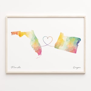 Florida naar Oregon print, aquarel kaart poster, Oregonian cadeau, reizen kunst aan de muur, vriendschap, C23-1336
