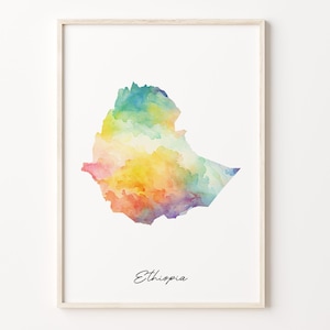 Ethiopia Watercolor Map Print, Vibrant Ethiopian Art Poster, ET Colorful Country Wall Art, Watercolor print, C26-58