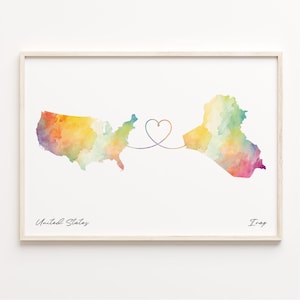 Impresión de Estados Unidos a Irak, cartel de mapa de acuarela, regalo iraquí, arte mural de EE. UU., Amor internacional, C23-85