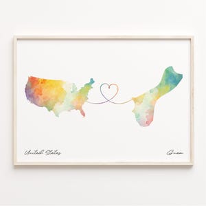 US to Guam Print, Watercolor Map Poster, Guamanian Gift, US Wall Art, Gap Year Map, C23-72