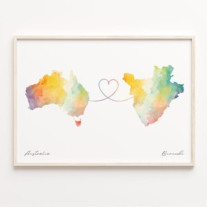 Australia to Burundi Print, Watercolor Map Poster, Burkinabé Gift, Travel Wall Art, Far Apart Gift, C23-824