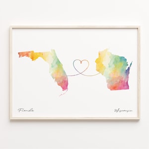 Florida naar Wisconsin print, aquarel kaart poster, Wisconsinite cadeau, reizen muurkunst, studeren in het buitenland, C23-1348