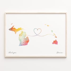 Michigan to Hawaii Print, Watercolor Map Poster, Hawaiian Gift, Travel Wall Art, Faraway Love, C23-1674
