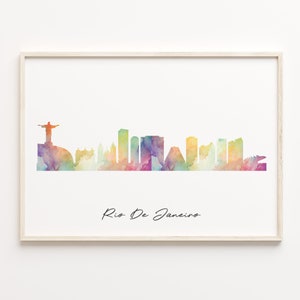 Impresión del horizonte de Río de Janeiro, paisaje urbano de acuarela, cartel de arte de la pared de Brasil, paisaje urbano del arco iris, decoración del hogar, C29-7