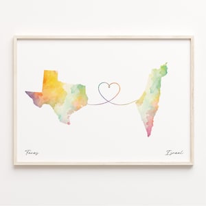 Texas to Israel Print, Watercolor Map Poster, Israeli Gift, Travel Wall Art, Long Distance, C23-1746