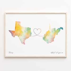 Texas to West Virginia Print, Watercolor Map Poster, West Virginian Gift, Travel Wall Art, Home Abroad, C23-1297
