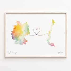 Deutschland nach Chile Druck, Aquarell Karte Poster, Chilenisches Geschenk, Reise Wandkunst, Neue Heimat Karte, C23-435