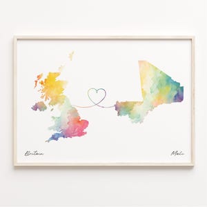 UK to Mali Print, Aquarell Karte Poster, Mali Geschenk, Vereinigtes Königreich Wandkunst, Globale Liebe, C23-313