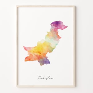 Impresión de mapa de acuarela de Pakistán, vibrante cartel de arte paquistaní, arte colorido de la pared del país de PK, cartel del arco iris, C26-139