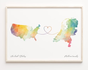 US to Netherlands Map Print: Watercolor Country Connection Art