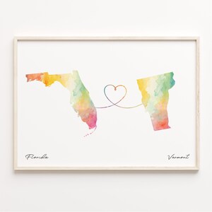 Florida naar Vermont print, aquarel kaart poster, Vermonter cadeau, reizen muurkunst, LDR cadeau, C23-1346