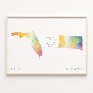 Florida naar South Dakota print, aquarel kaart poster, South Dakotan cadeau, reizen kunst aan de muur, relatiekaart, C23-1341
