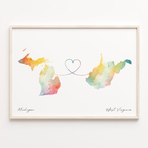 Michigan to West Virginia Print, Watercolor Map Poster, West Virginian Gift, Travel Wall Art, Goodbye, C23-1713