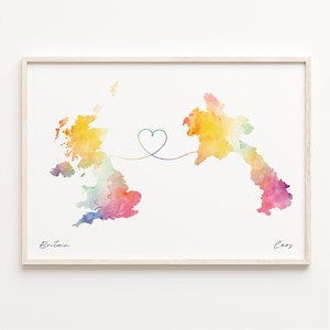 UK to Laos Print, Watercolor Map Poster, Laotian Gift, United Kingdom Wall Art, Travel Abroad Gift, C23-299
