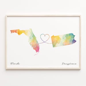 Florida naar Pennsylvania print, aquarel kaart poster, Pennsylvania cadeau, reizen muurkunst, vriendschap cadeau, C23-1337