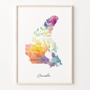 Impresión de mapa de acuarela de Canadá, cartel de arte canadiense vibrante, arte colorido de la pared del país de CA, arte del arco iris, C26-32