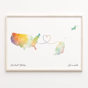US to Grenada Print, Aquarell Karte Poster, Grenada Geschenk, US Wandkunst, Gap Year, C23-70