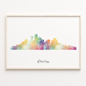 Impresión del horizonte de Dallas, paisaje urbano de acuarela, cartel de arte de pared de Estados Unidos, mapa de acuarela, arte de pared de paisaje urbano, C29-114