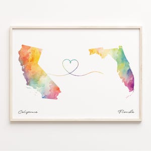 Californië naar Florida print, aquarel kaart poster, Florida cadeau, reizen muurkunst, wereldwijde liefde, C23-1204
