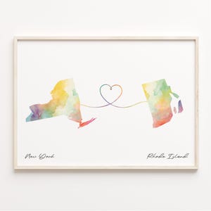 New York to Rhode Island Druck, Aquarell Karte Poster, Rhode Islander Geschenk, Reisewandkunst, Umzug Geschenk, C23-1391