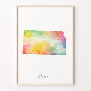 Kansas Watercolor Map Print, Vibrant Kansan Art Poster, KS Colorful Country Wall Art, Vibrant art, C26-216