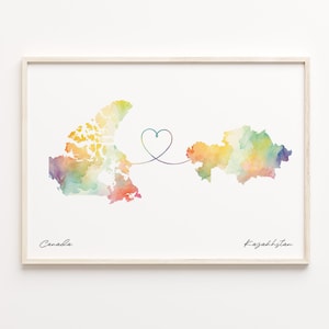 Kanada Kasachstan Druck, Aquarell Karte Poster, Jordanien Geschenk, Reisewandkunst, Umzug ins Ausland, Karte C23-690