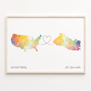 US to El Salvador Print, Watercolor Map Poster, Salvadoran Gift, US Wall Art, Relationship Map, C23-54