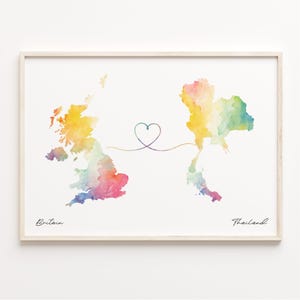 UK to Thailand Print, Watercolor Map Poster, Thai Gift, United Kingdom Wall Art, Welcome Home, C23-379