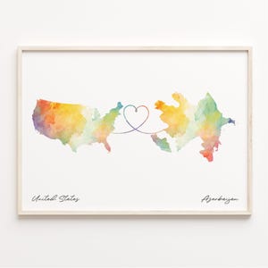 US to Azerbaijan Print, Watercolor Map Poster, Azerbaijani Gift, US Wall Art, Home Abroad Gift, C23-11