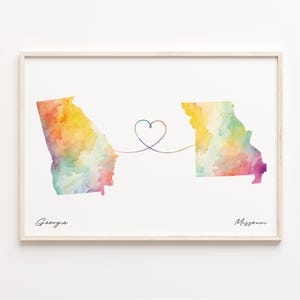 Georgia to Missouri Print, Watercolor Map Poster, Missourian Gift, Travel Wall Art, Long Distance Gift, C23-1583