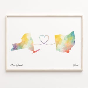 Aquarell Karte New York bis Ohio Poster, Geschenk von Ohio, Reise Wandkunst, Fern Map, C23-1386