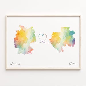 Germany to Gabon Print, Watercolor Map Poster, Gabonese Gift, Travel Wall Art, Goodbye Map, C23-462