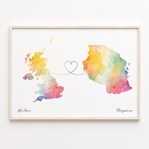 UK to Tansania Druck, Aquarell Karte Poster, Tansania Geschenk, Vereinigtes Königreich Wandkunst, Kulturelle Wurzelkarte, C23-378