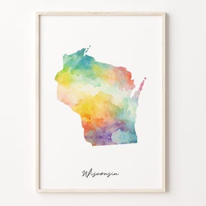 Impresión de mapa de acuarela de Wisconsin, cartel de arte vibrante de Wisconsinita, arte colorido de la pared del país de WI, arte del arco iris, C26-248
