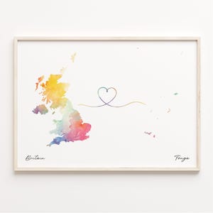 UK to Tonga Druck, Aquarell Karte Poster, Tonga Geschenk, Vereinigtes Königreich Wandkunst, Willkommen zu Hause Karte, C23-381