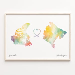 Canada to Montenegro Print, Watercolor Map Poster, Mongolian Gift, Travel Wall Art, Faraway Love Map, C23-720