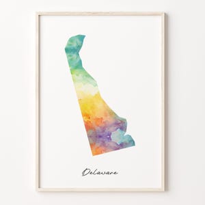 Impression de carte aquarelle Delaware, affiche d'art vibrante du Delaware, art mural pays coloré DE, carte arc-en-ciel, C26-209