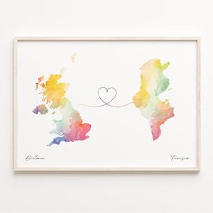 UK Tunesien Druck, Aquarell Karte Poster, Tunesien Geschenk, Vereinigtes Königreich Wandkunst, Continental Love, C23-383
